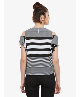 Women's Black & White Round Neck half_sleeves Striped Ruffled Cold Shoulder Top 4