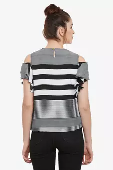 Women's Black & White Round Neck half_sleeves Striped Ruffled Cold Shoulder Top