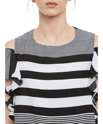 Women's Black & White Round Neck half_sleeves Striped Ruffled Cold Shoulder Top 5