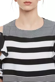 Women's Black & White Round Neck half_sleeves Striped Ruffled Cold Shoulder Top