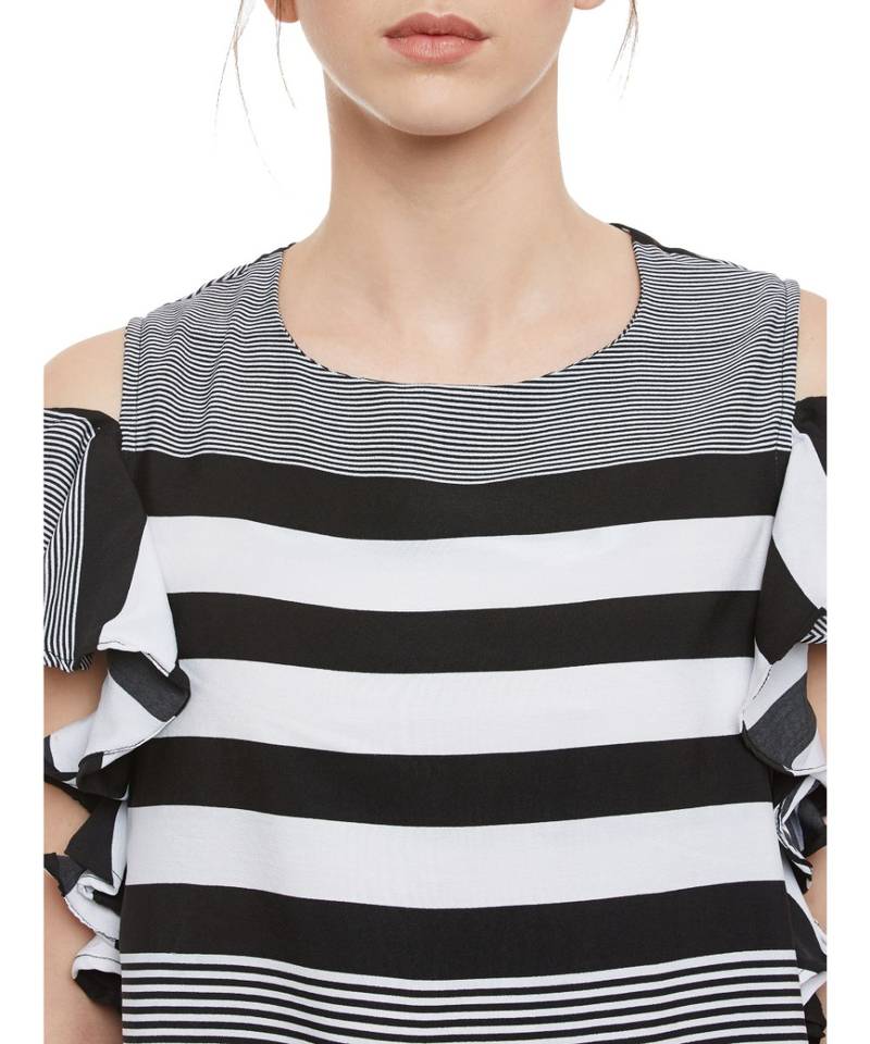 Women's Black & White Round Neck half_sleeves Striped Ruffled Cold Shoulder Top