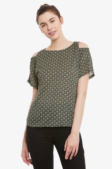 Women's Multicolored Round Neck half_sleeves Floral Cold Shoulder Top