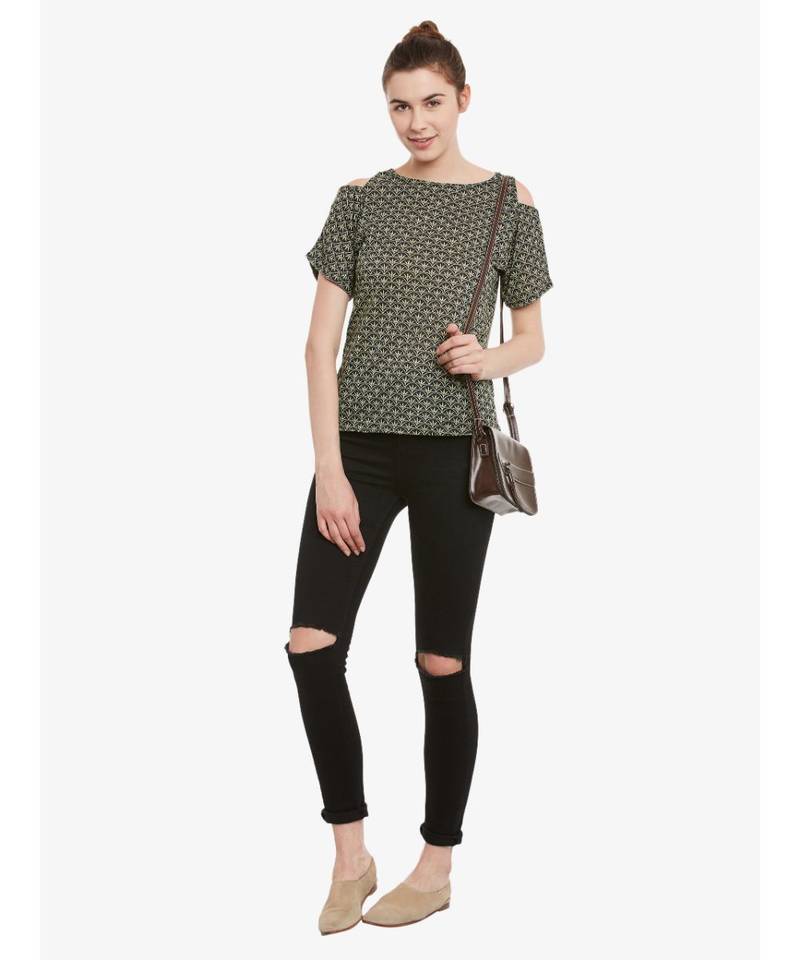 Women's Multicolored Round Neck half_sleeves Floral Cold Shoulder Top