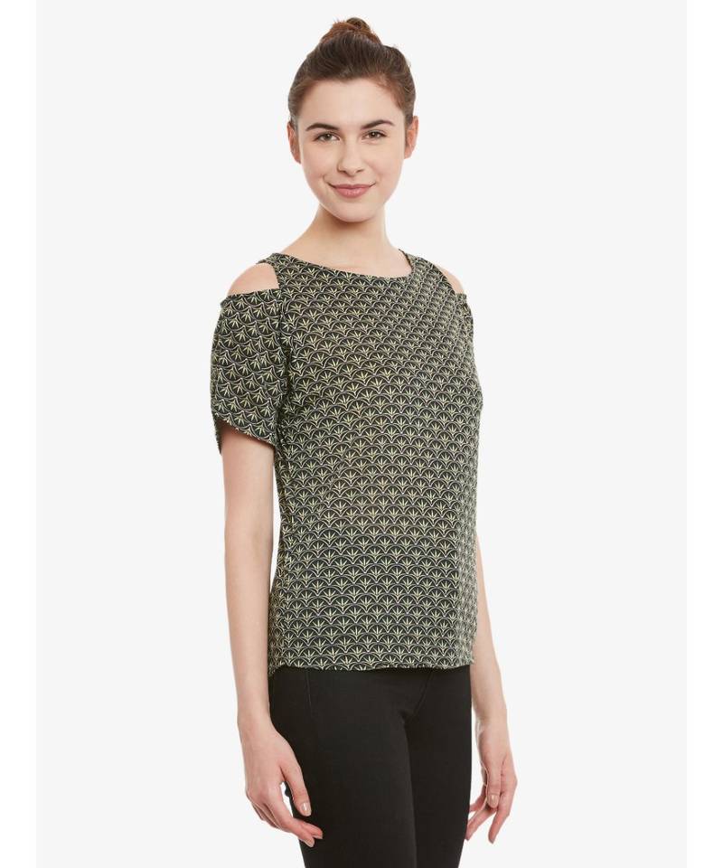 Women's Multicolored Round Neck half_sleeves Floral Cold Shoulder Top