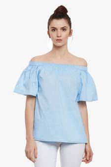 Women's Light Blue Off Shoulder half_sleeves Solid Top