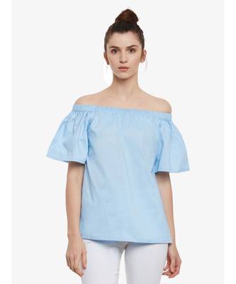 Women's Light Blue Off Shoulder half_sleeves Solid Top 1