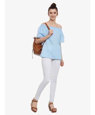 Women's Light Blue Off Shoulder half_sleeves Solid Top 2