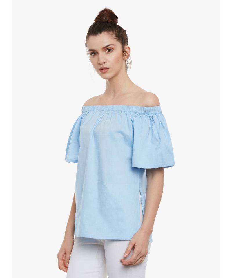 Women's Light Blue Off Shoulder half_sleeves Solid Top