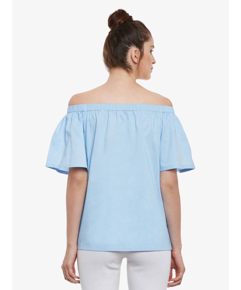 Women's Light Blue Off Shoulder half_sleeves Solid Top