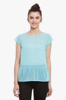 Women's Mint Solid Round Neck Cap Sleeved Sheer Ruffled Top