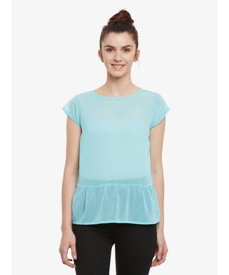 Women's Mint Solid Round Neck Cap Sleeved Sheer Ruffled Top 1