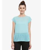 Women's Mint Solid Round Neck Cap Sleeved Sheer Ruffled Top