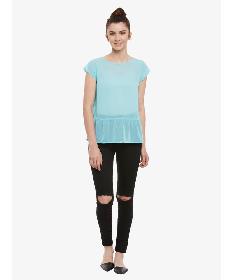 Women's Mint Solid Round Neck Cap Sleeved Sheer Ruffled Top