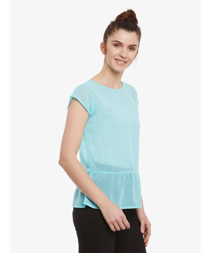 Women's Mint Solid Round Neck Cap Sleeved Sheer Ruffled Top