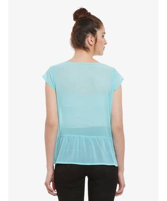Women's Mint Solid Round Neck Cap Sleeved Sheer Ruffled Top 4