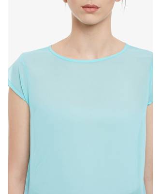 Women's Mint Solid Round Neck Cap Sleeved Sheer Ruffled Top 5