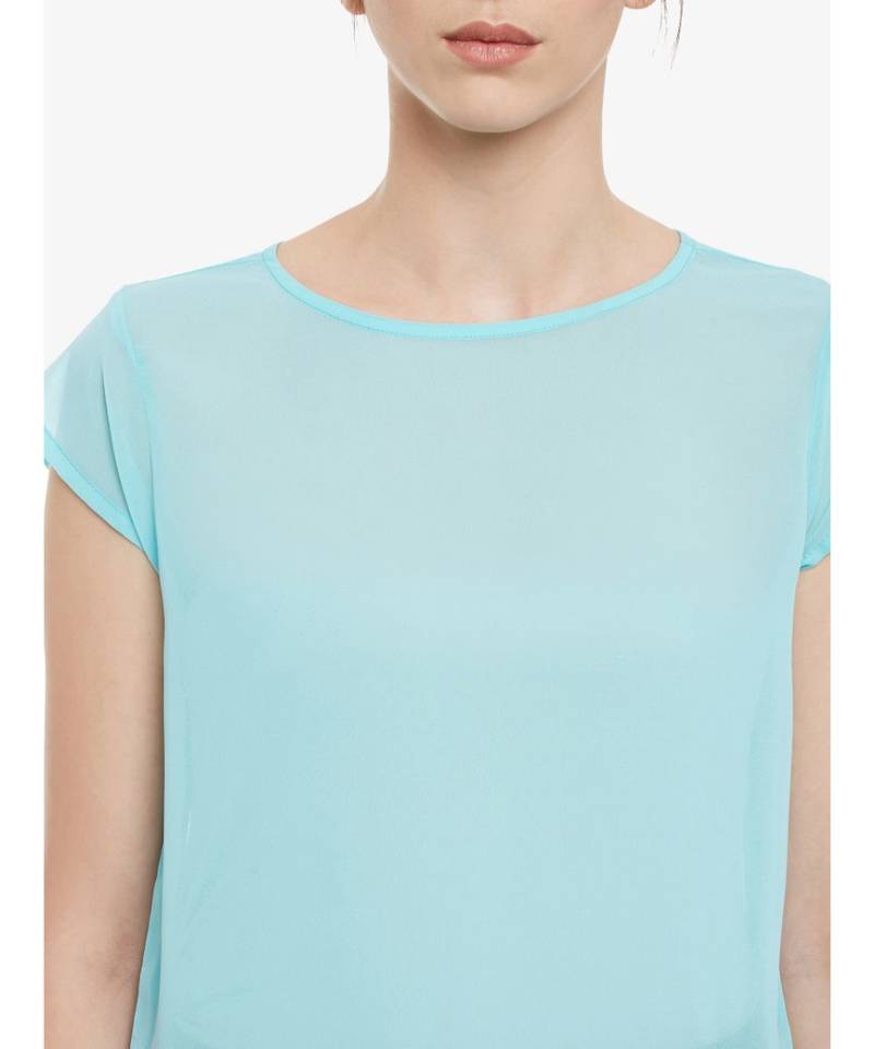 Women's Mint Solid Round Neck Cap Sleeved Sheer Ruffled Top