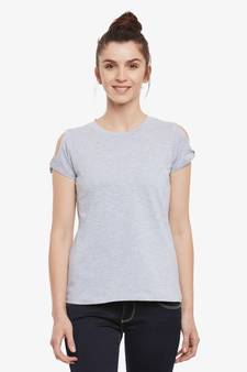 Women's Grey Solid Round Neck short_sleeve Top