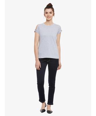 Women's Grey Solid Round Neck short_sleeve Top 2