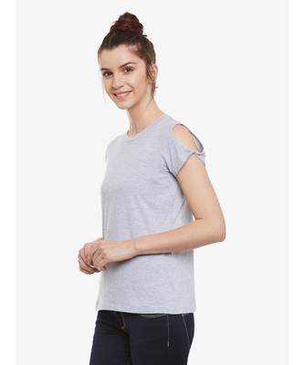 Women's Grey Solid Round Neck short_sleeve Top 3