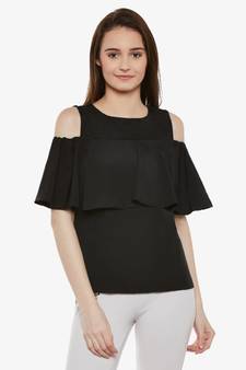 Women's Black Round Neck sleeveless Solid Ruffled Cold Shoulder Top
