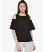 Women's Black Round Neck sleeveless Solid Ruffled Cold Shoulder Top