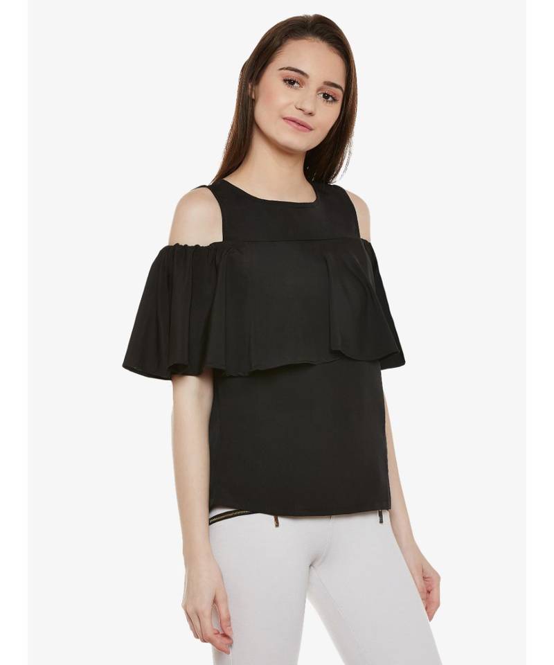 Women's Black Round Neck sleeveless Solid Ruffled Cold Shoulder Top