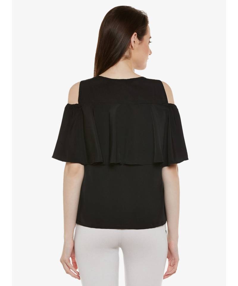 Women's Black Round Neck sleeveless Solid Ruffled Cold Shoulder Top
