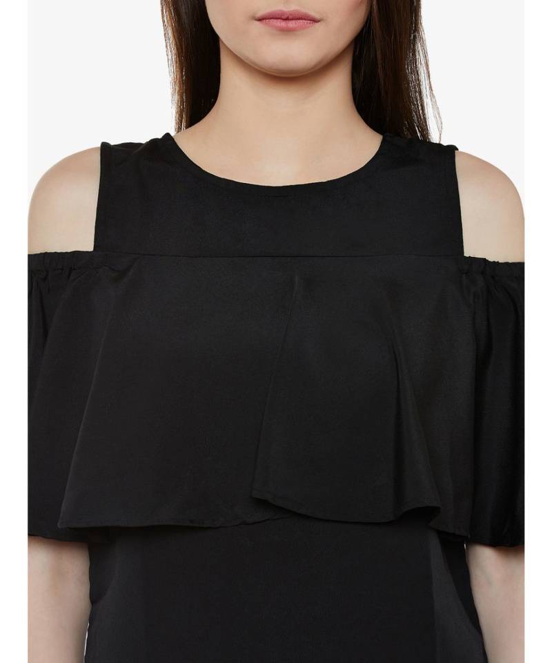 Women's Black Round Neck sleeveless Solid Ruffled Cold Shoulder Top