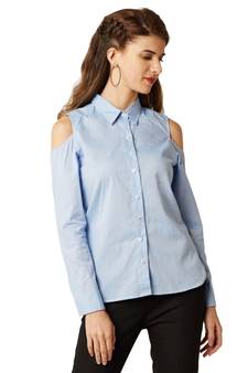Women's Light Blue Round Neck full_sleeve Solid Collared Cold Shoulder Top