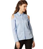 Women's Light Blue Round Neck full_sleeve Solid Collared Cold Shoulder Top