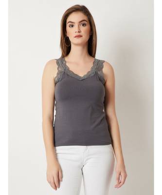 Women's Grey V-Neck sleeveless Solid Lace Tank Top 1