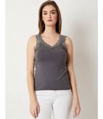 Women's Grey V-Neck sleeveless Solid Lace Tank Top
