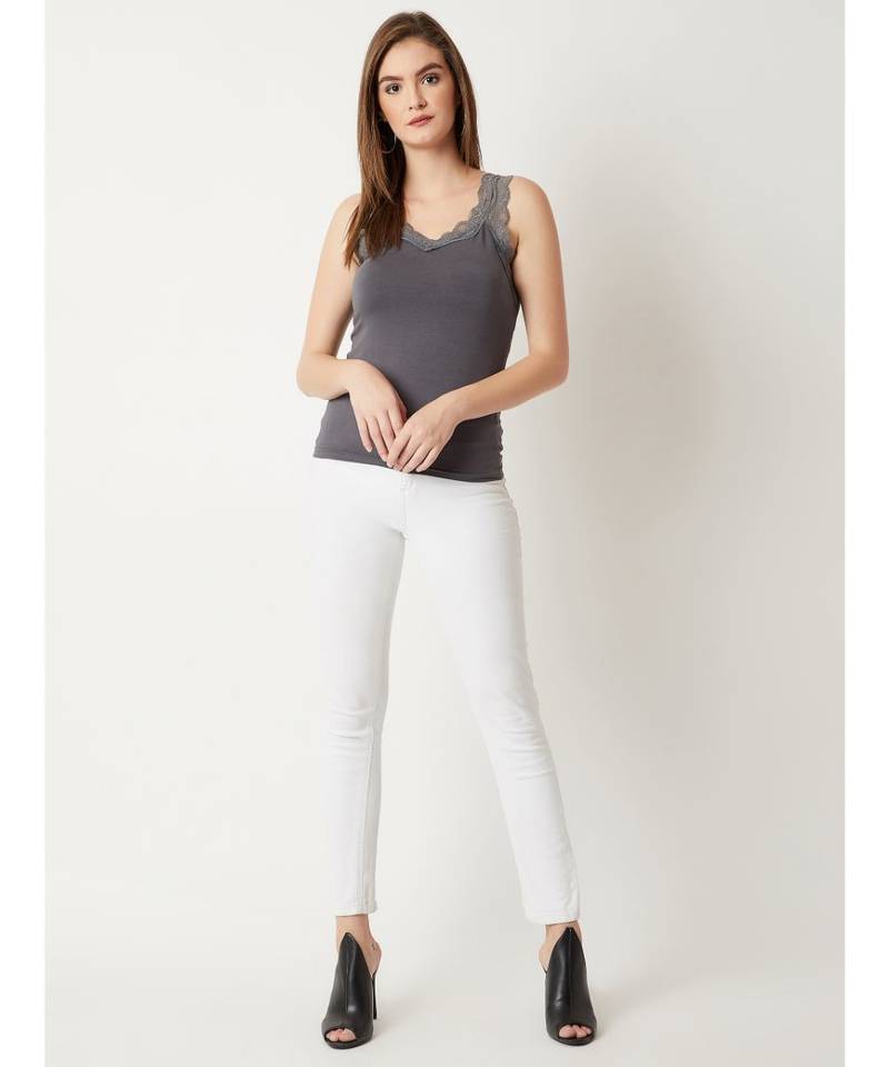 Women's Grey V-Neck sleeveless Solid Lace Tank Top
