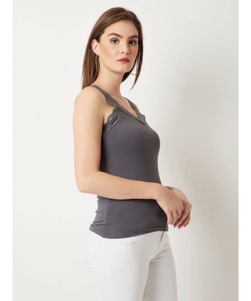 Women's Grey V-Neck sleeveless Solid Lace Tank Top