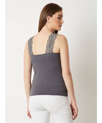 Women's Grey V-Neck sleeveless Solid Lace Tank Top 4