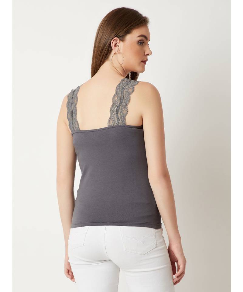 Women's Grey V-Neck sleeveless Solid Lace Tank Top