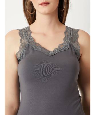 Women's Grey V-Neck sleeveless Solid Lace Tank Top 5