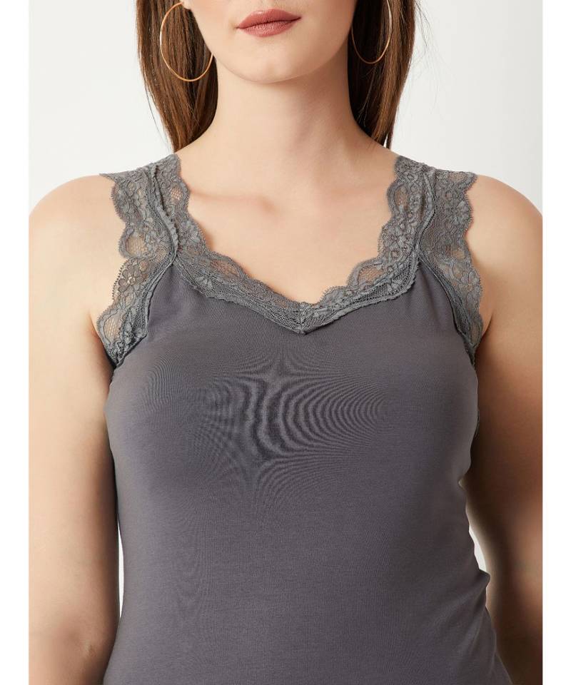 Women's Grey V-Neck sleeveless Solid Lace Tank Top