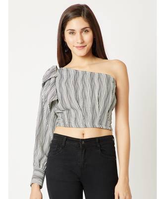 Women's Black And White One Shoulder full_sleeve Striped Bow Detailing Crop Top 1