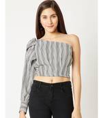 Women's Black And White One Shoulder full_sleeve Striped Bow Detailing Crop Top