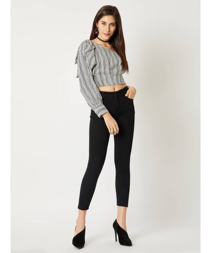 Women's Black And White One Shoulder full_sleeve Striped Bow Detailing Crop Top