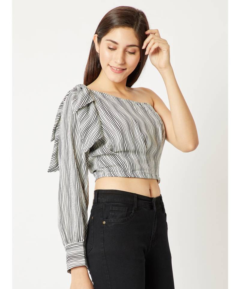 Women's Black And White One Shoulder full_sleeve Striped Bow Detailing Crop Top