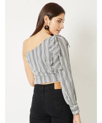 Women's Black And White One Shoulder full_sleeve Striped Bow Detailing Crop Top 4