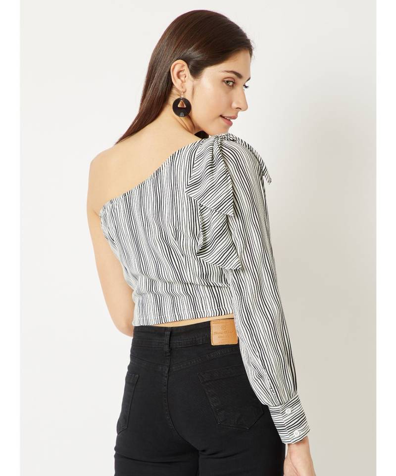 Women's Black And White One Shoulder full_sleeve Striped Bow Detailing Crop Top