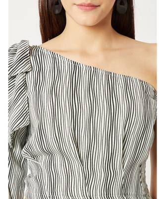 Women's Black And White One Shoulder full_sleeve Striped Bow Detailing Crop Top 5