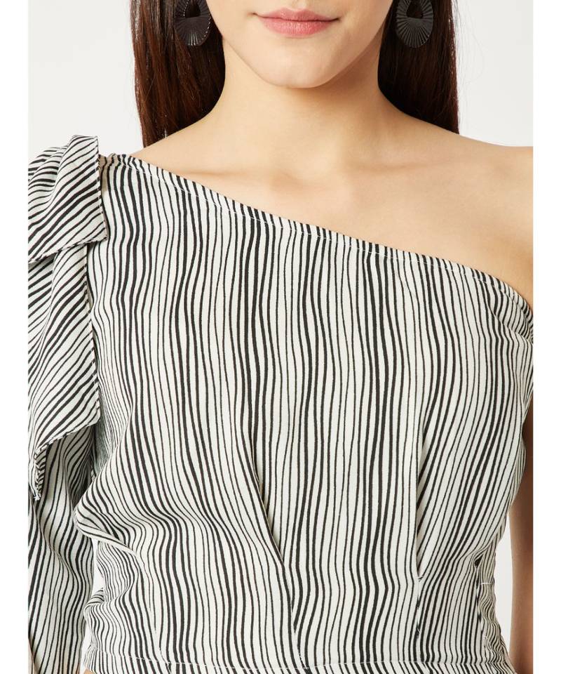 Women's Black And White One Shoulder full_sleeve Striped Bow Detailing Crop Top