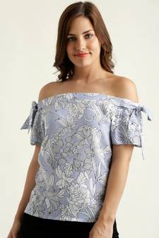 Women's Blue And White Off-shoulder short_sleeve Striped And Floral Print Bardot Top