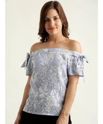 Women's Blue And White Off-shoulder short_sleeve Striped And Floral Print Bardot Top 1