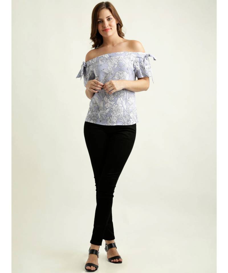 Women's Blue And White Off-shoulder short_sleeve Striped And Floral Print Bardot Top